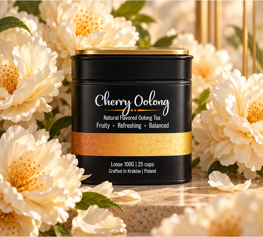 Cherry Oolong Leo Tea – wiśniowa herbata oolong z moringą w metalowej puszce 100g